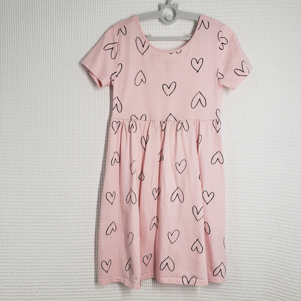 Old Navy Dress Girls 10-12 Large Pink Hearts Short Sleeve Cotton Pockets Summer